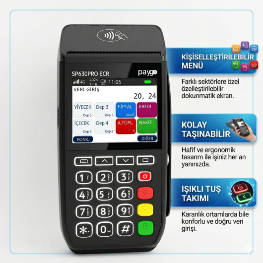 PayGo SP630 PRO 4G Yazarkasa POS – Temassız & QR Destekli